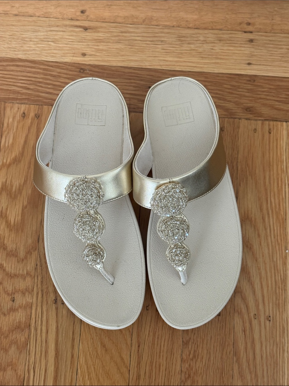 Fitflop Gold Jeweled Thong Sandals with White Footbed